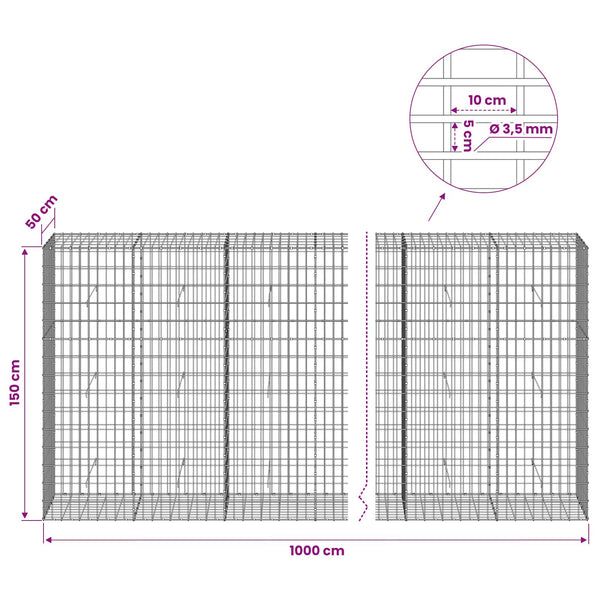 Gabion 3,5 mm Langasta ja 5x10 cm Verkkosta 1000x50x150 cm