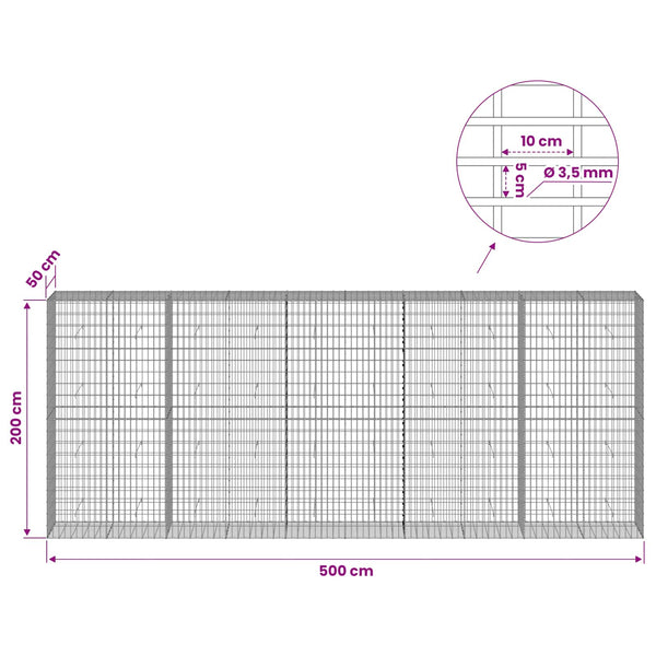 Gabion 3,5 mm Langasta ja 5x10 cm Verkkosta 500x50x200 cm
