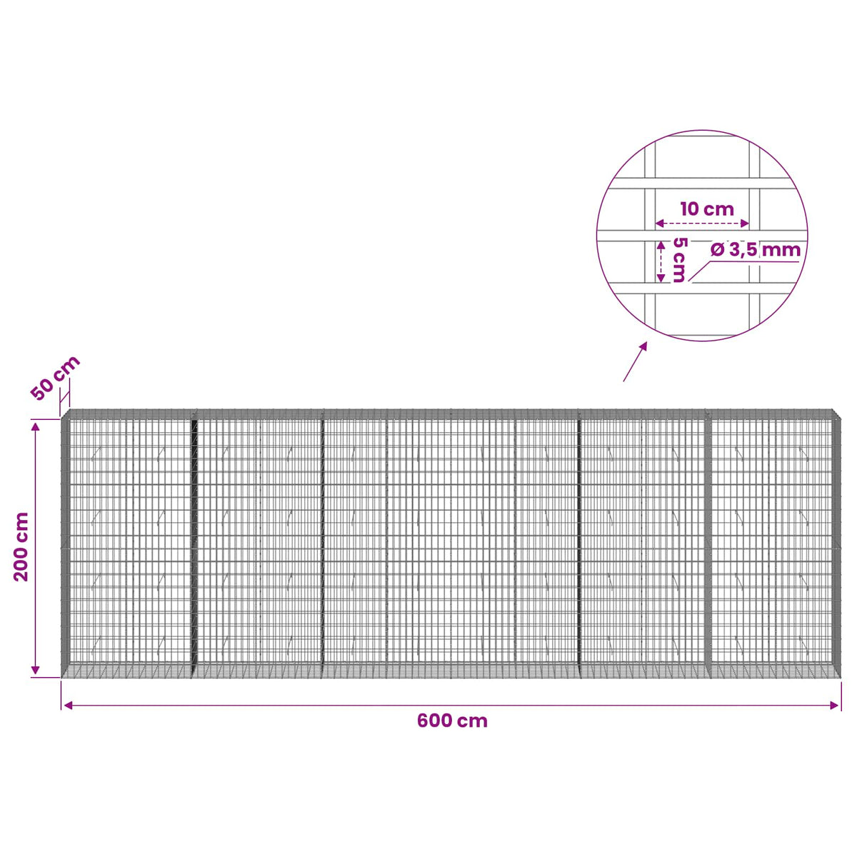 Gabion 3,5 mm Langasta ja 5x10 cm Verkkosta 600x50x200 cm
