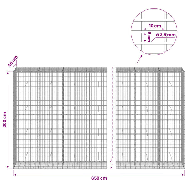Gabion 3,5 mm Langasta ja 5x10 cm Verkkosta 650x50x200 cm