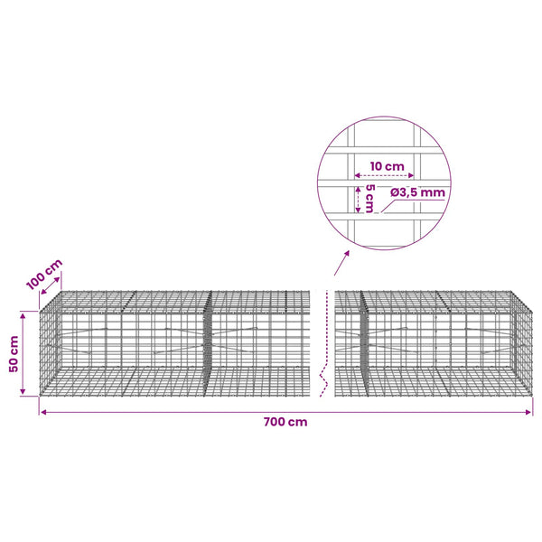 Gabion 3,5 mm Langasta ja 5x10 cm Verkkosta 700x100x50 cm