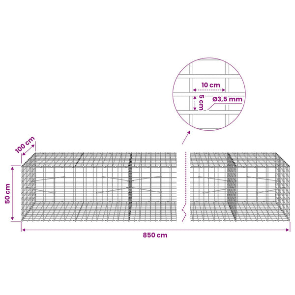 Gabion 3,5 mm Langasta ja 5x10 cm Verkkosta 850x100x50 cm