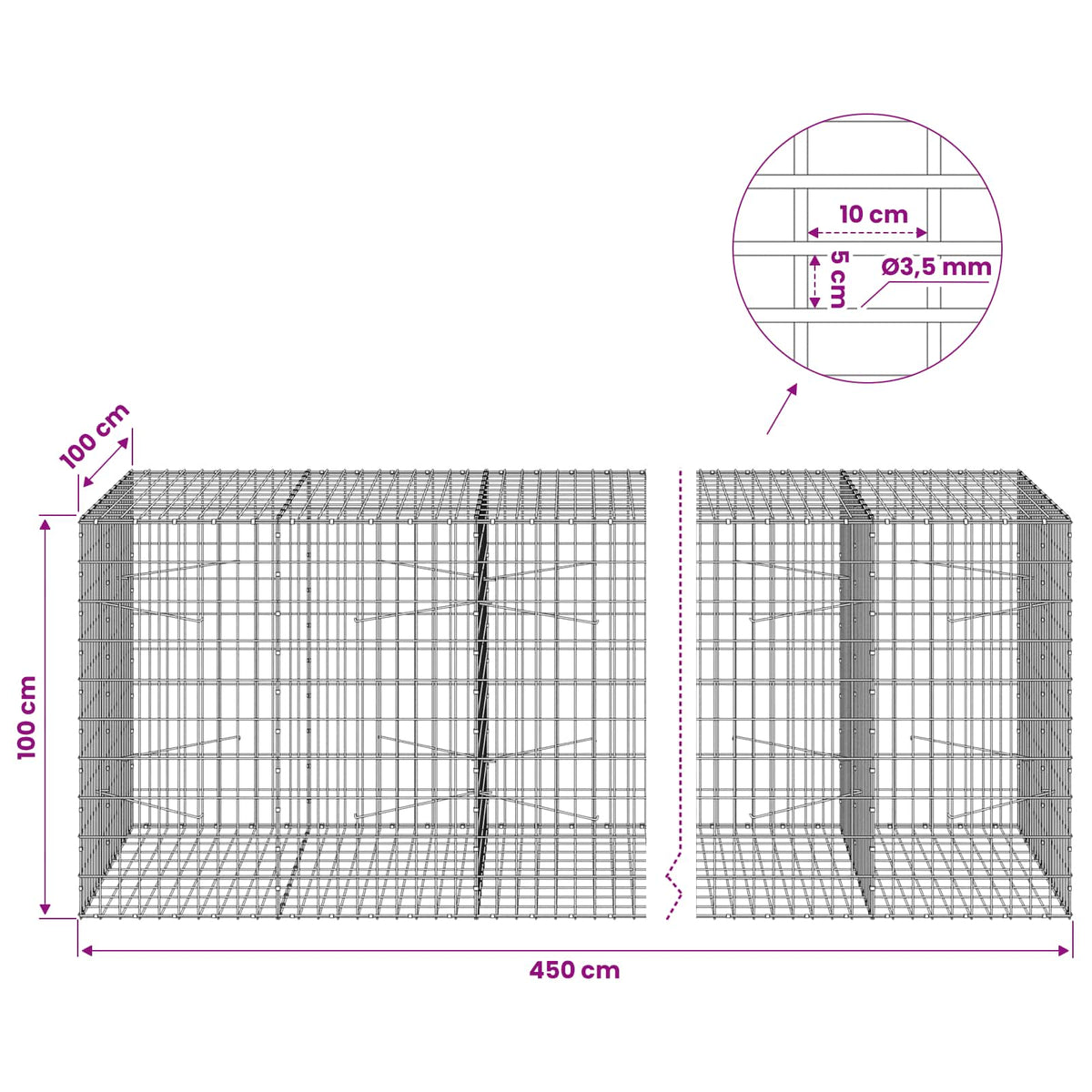 Gabion 3,5 mm Langasta ja 5x10 cm Verkkosta 450x100x100 cm