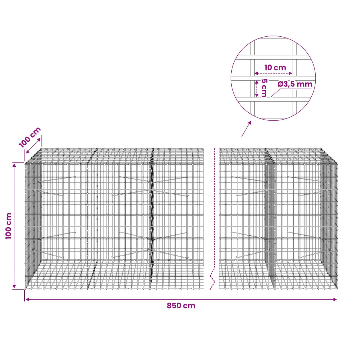 Gabion 3,5 mm Langasta ja 5x10 cm Verkkosta 850x100x100 cm