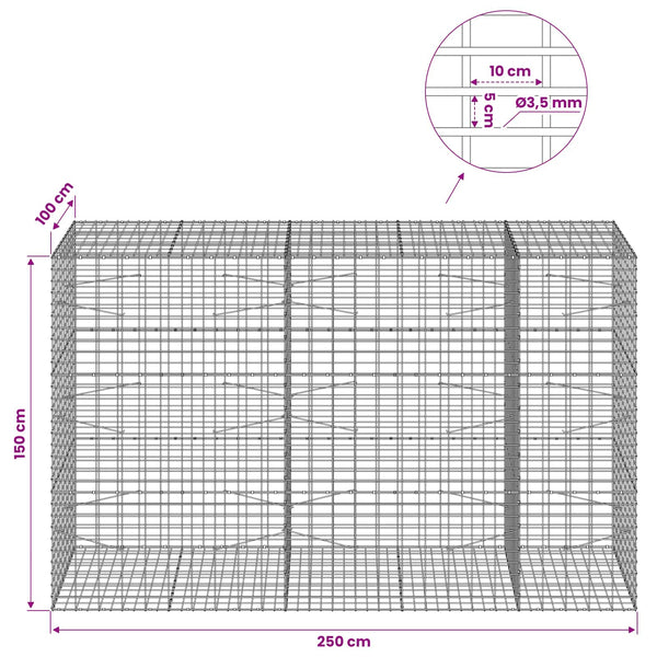 Gabion 3,5 mm Langasta ja 5x10 cm Verkkosta 250x100x150 cm