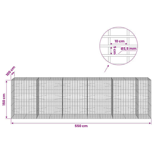Gabion 3,5 mm Langasta ja 5x10 cm Verkkosta 550x100x150 cm