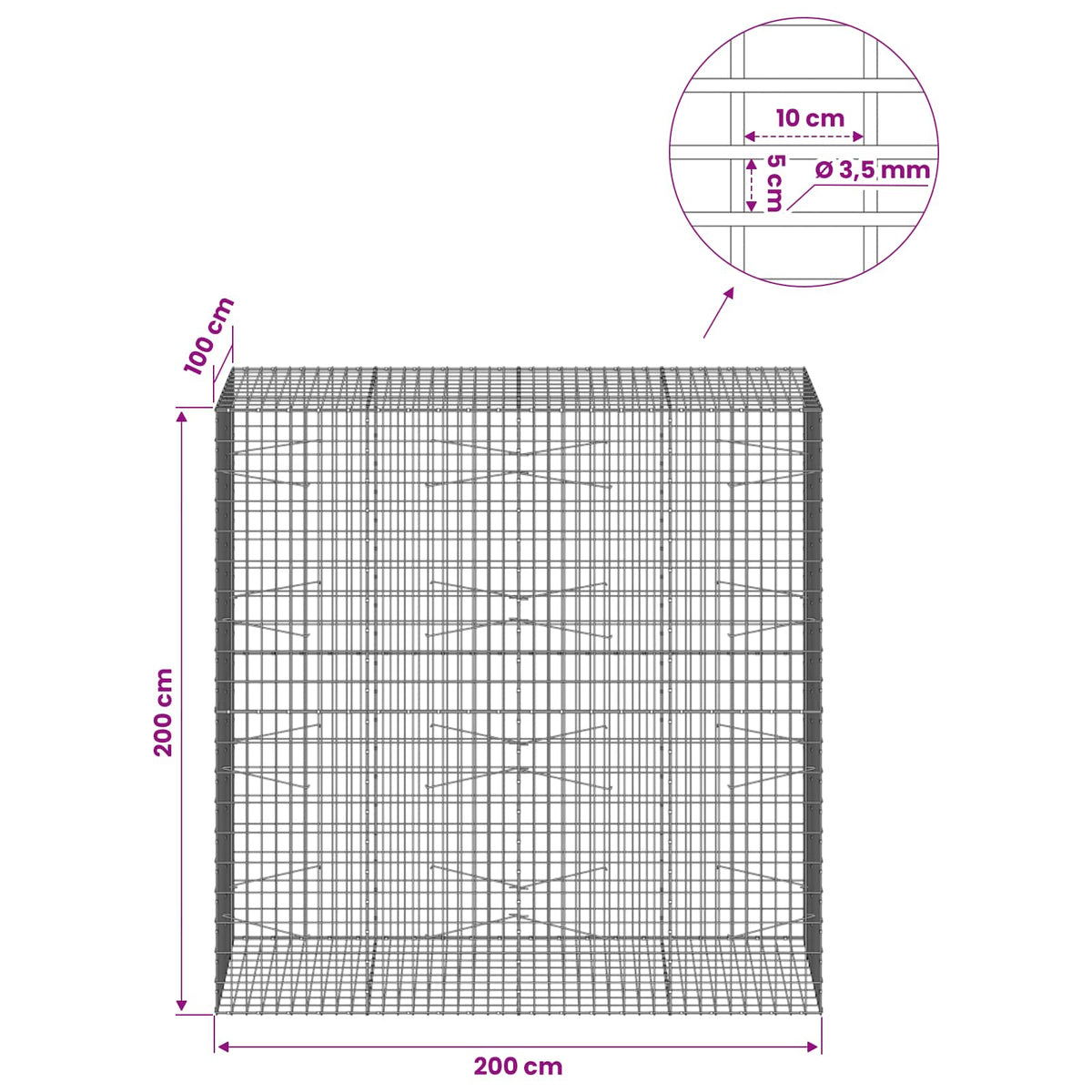 Gabion 3,5 mm Langasta ja 5x10 cm Verkkosta 200x100x200 cm