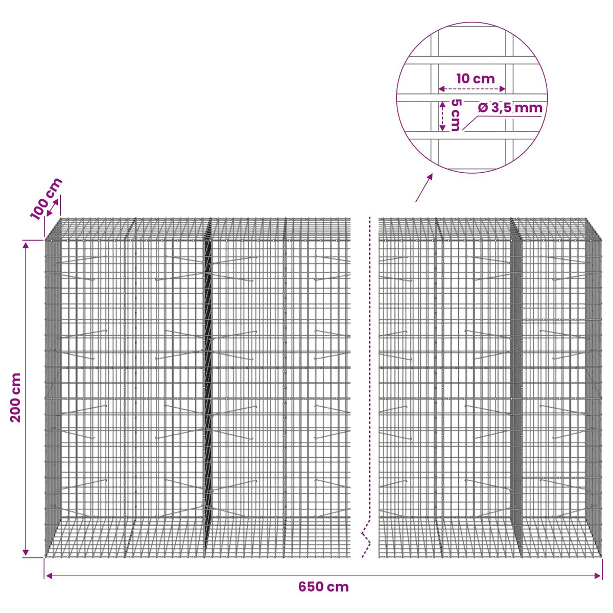 Gabion 3,5 mm Langasta ja 5x10 cm Verkkosta 650x100x200 cm