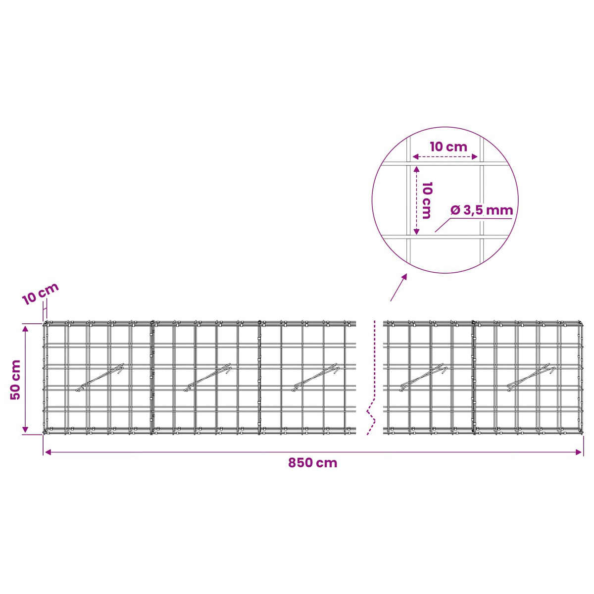 Gabion 3,5 mm langasta ja 10x10 cm verkosta 850x10x50 cm
