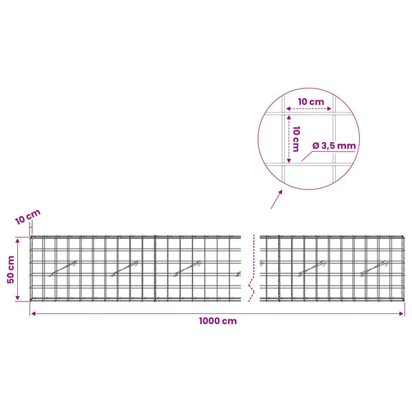Gabion 3,5 mm langasta ja 10x10 cm verkosta 1000x10x50 cm