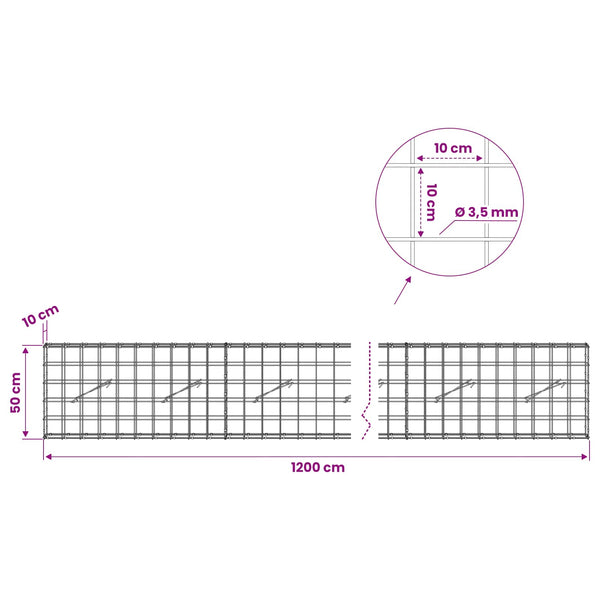 Gabion 3,5 mm langasta ja 10x10 cm verkosta 1200x10x50 cm