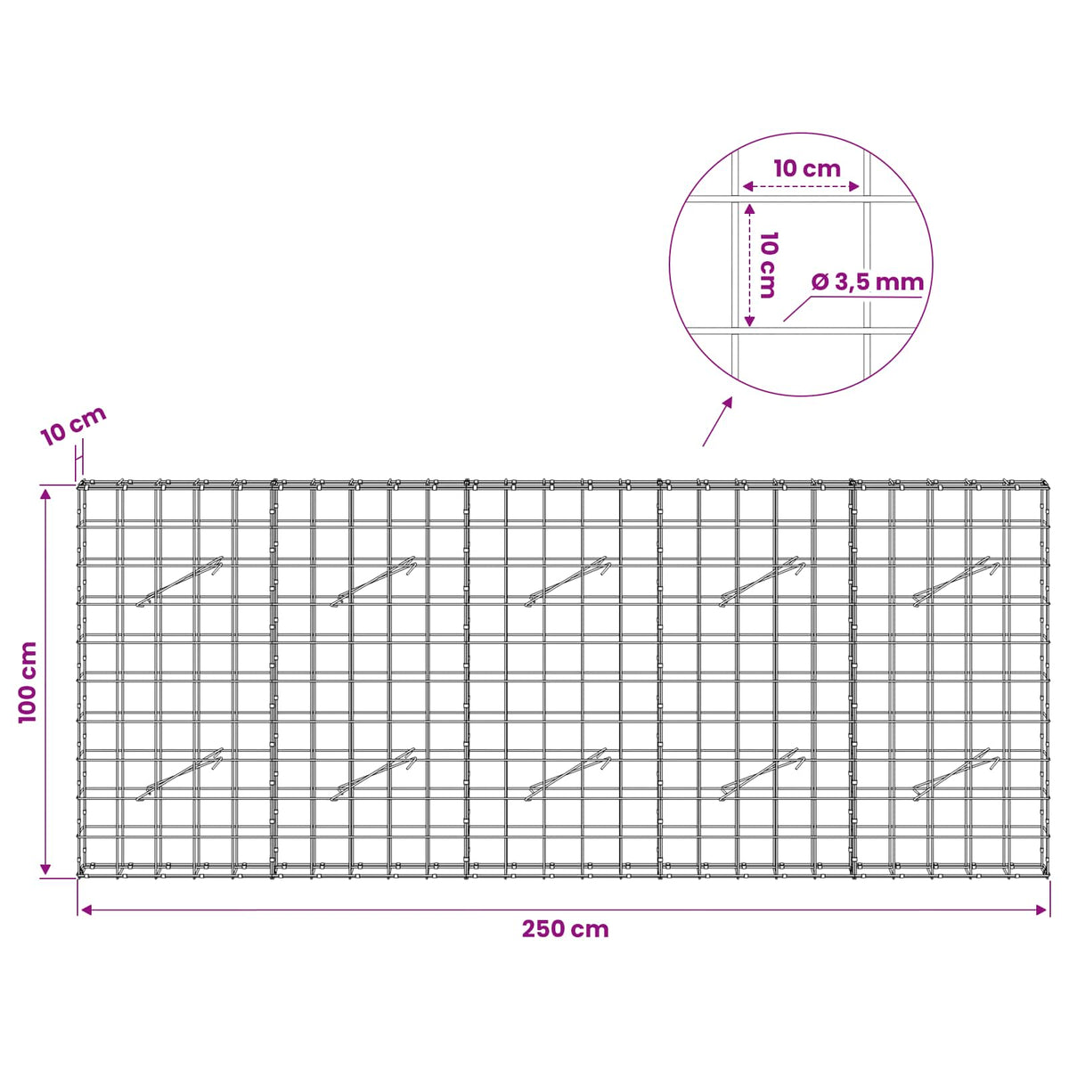 Gabion 3,5 mm langasta ja 10x10 cm verkosta 250x10x100 cm