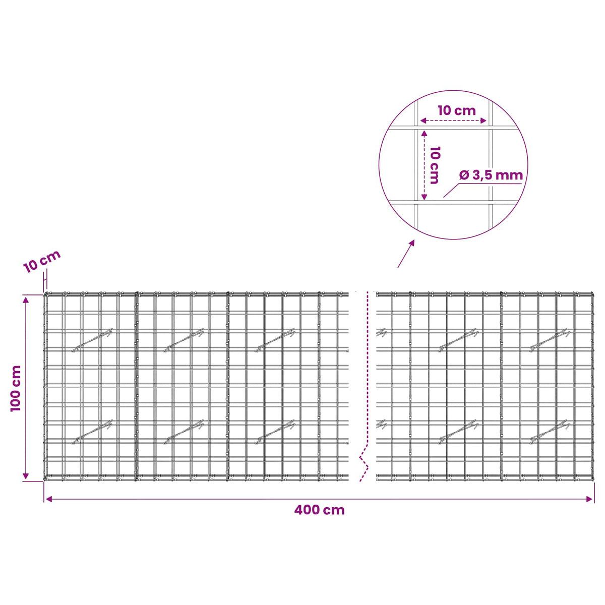 Gabion 3,5 mm langasta ja 10x10 cm verkosta 400x10x100 cm