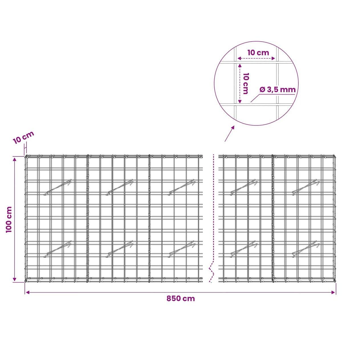 Gabion 3,5 mm langasta ja 10x10 cm verkosta 850x10x100 cm
