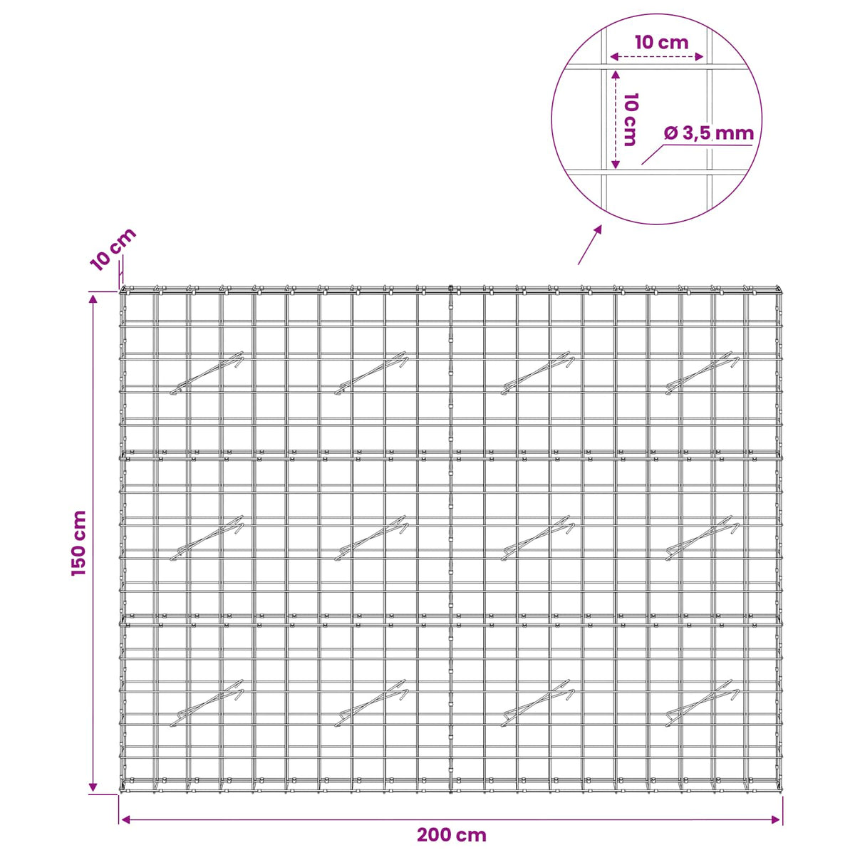 Gabion 3,5 mm langasta ja 10x10 cm verkosta 200x10x150 cm
