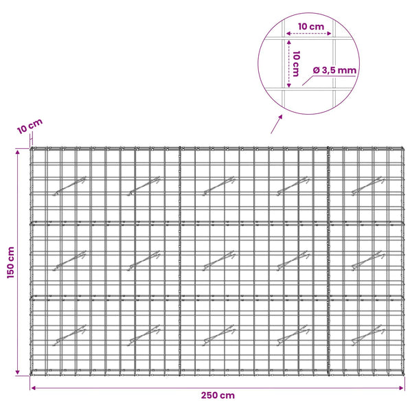 Gabion 3,5 mm langasta ja 10x10 cm verkosta 250x10x150 cm
