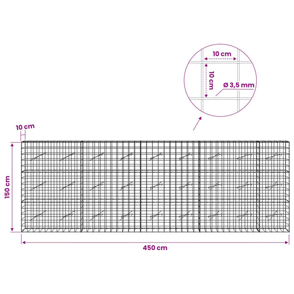 Gabion 3,5 mm langasta ja 10x10 cm verkosta 450x10x150 cm