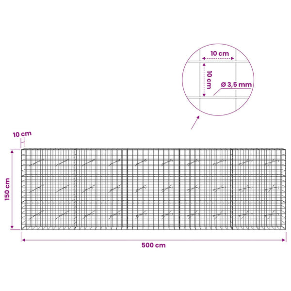 Gabion 3,5 mm langasta ja 10x10 cm verkosta 500x10x150 cm