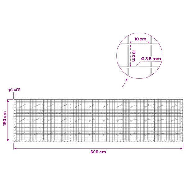 Gabion 3,5 mm langasta ja 10x10 cm verkosta 600x10x150 cm