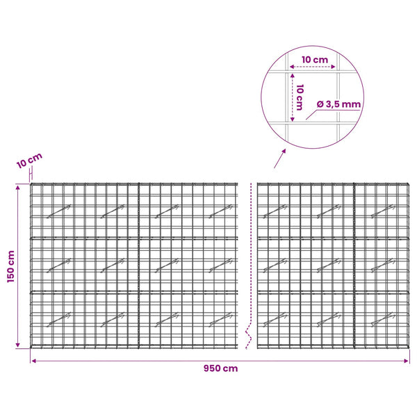 Gabion 3,5 mm langasta ja 10x10 cm verkosta 950x10x150 cm