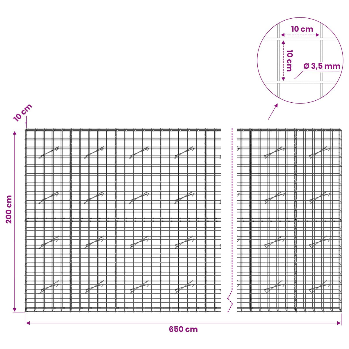 Gabion 3,5 mm langasta ja 10x10 cm verkosta 650x10x200 cm