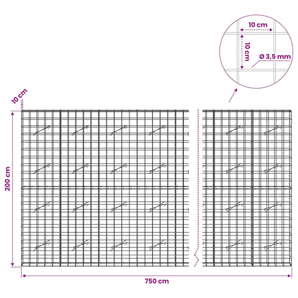 Gabion 3,5 mm langasta ja 10x10 cm verkosta 750x10x200 cm
