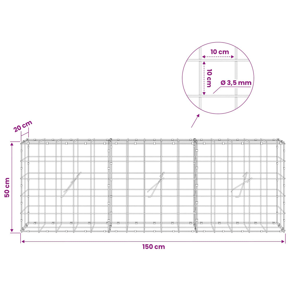 Gabion 3,5 mm langasta ja 10x10 cm verkosta 150x20x50 cm