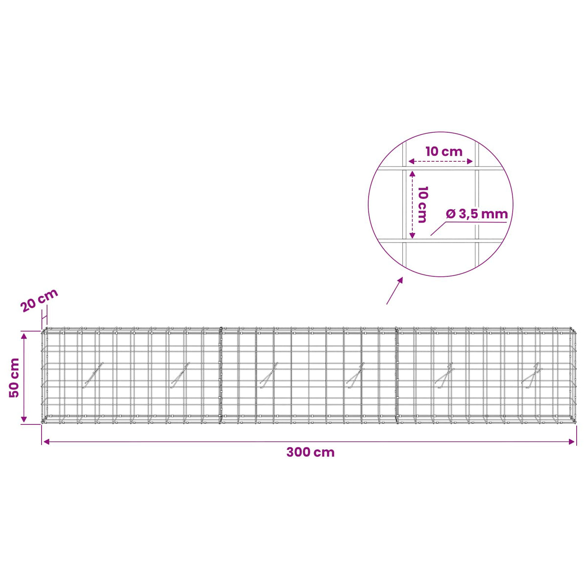 Gabion 3,5 mm langasta ja 10x10 cm verkosta 300x20x50 cm