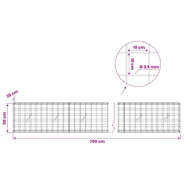 Gabion 3,5 mm langasta ja 10x10 cm verkosta 700x20x50 cm