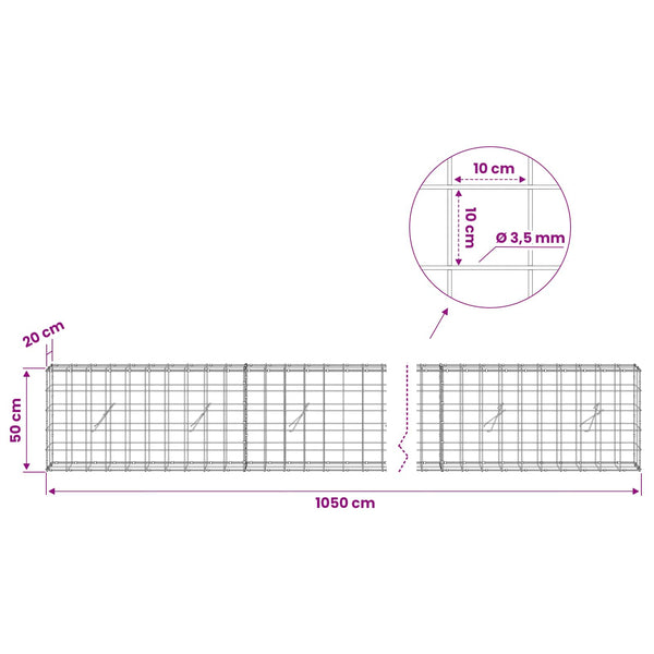 Gabion 3,5 mm langasta ja 10x10 cm verkosta 1050x20x50 cm