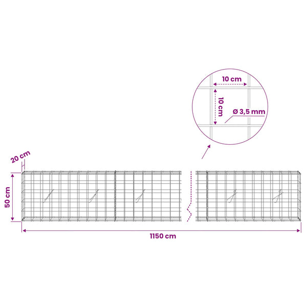 Gabion 3,5 mm langasta ja 10x10 cm verkosta 1150x20x50 cm