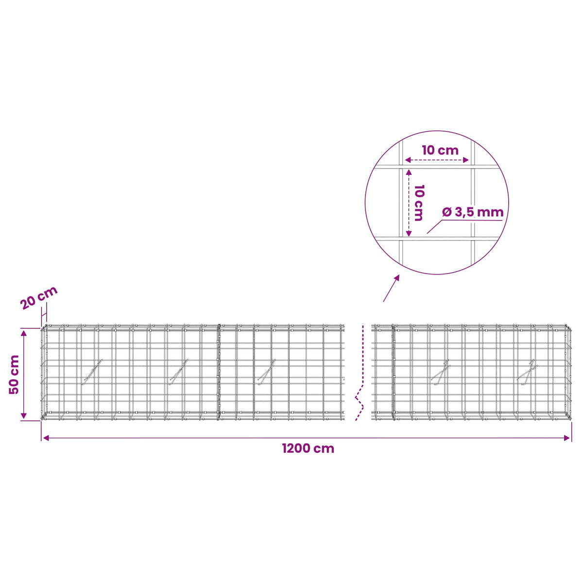 Gabion 3,5 mm langasta ja 10x10 cm verkosta 1200x20x50 cm
