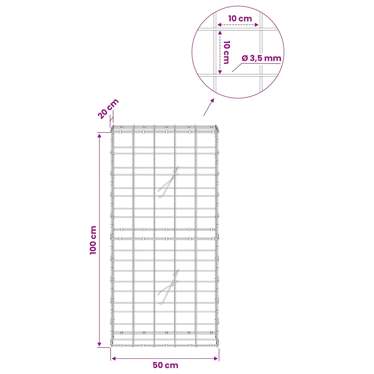 Gabion 3,5 mm langasta ja 10x10 cm verkosta 50x20x100 cm