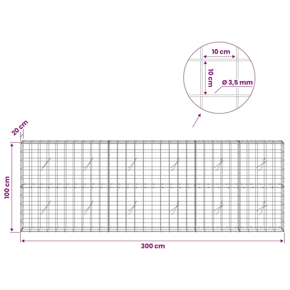 Gabion 3,5 mm langasta ja 10x10 cm verkosta 300x20x100 cm