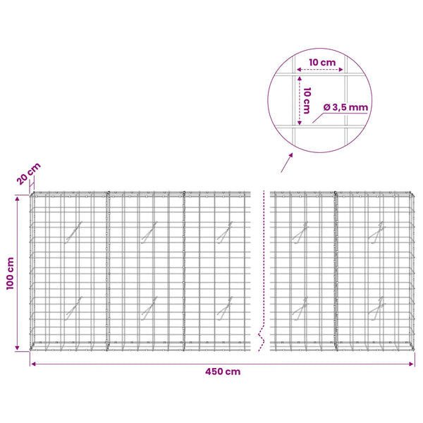 Gabion 3,5 mm langasta ja 10x10 cm verkosta 450x20x100 cm