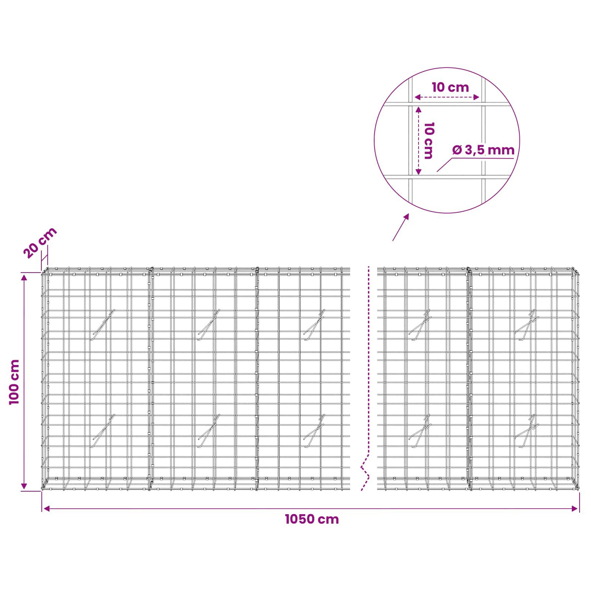 Gabion 3,5 mm langasta ja 10x10 cm verkosta 1050x20x100 cm