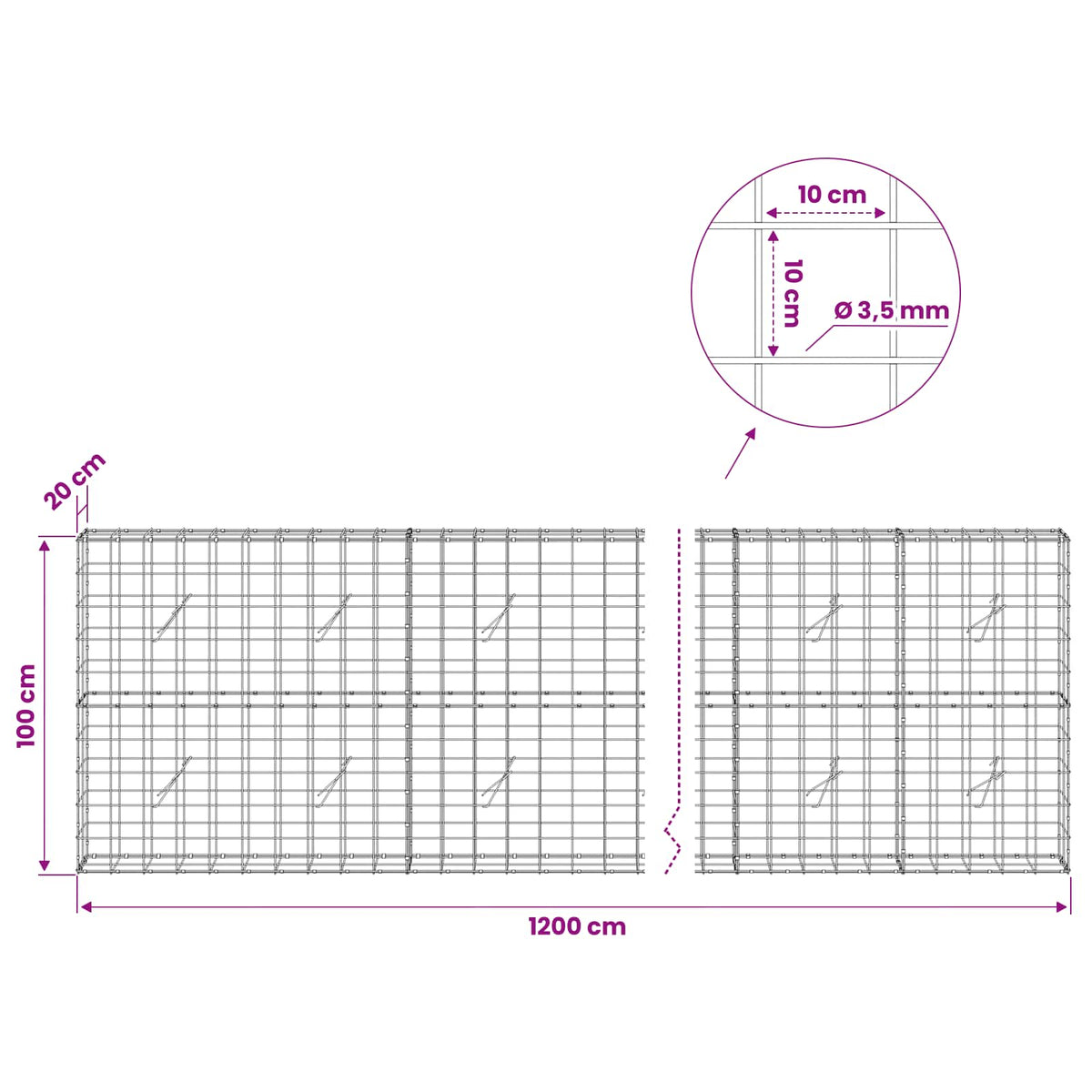 Gabion 3,5 mm langasta ja 10x10 cm verkosta 1200x20x100 cm