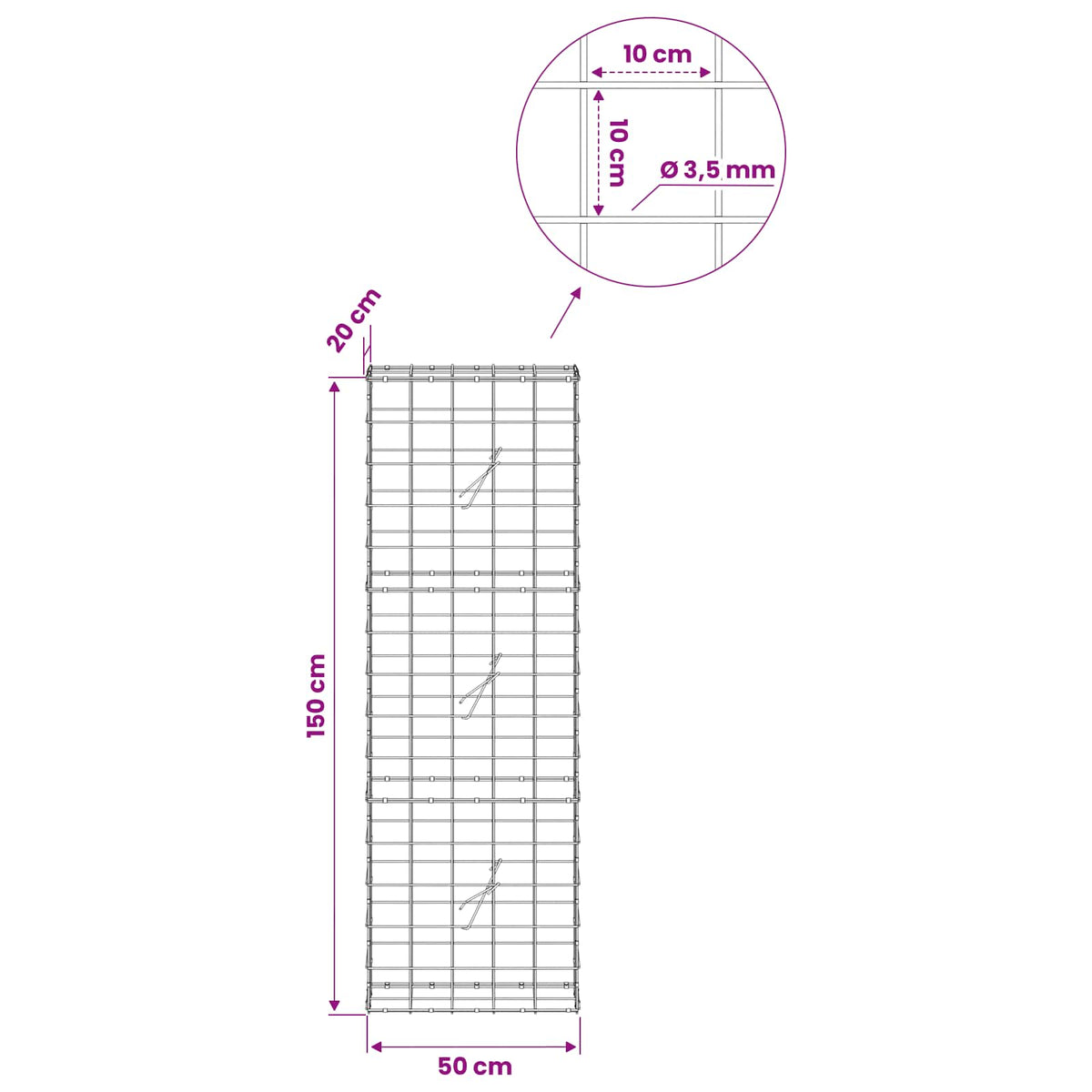 Gabion 3,5 mm langasta ja 10x10 cm verkosta 50x20x150 cm