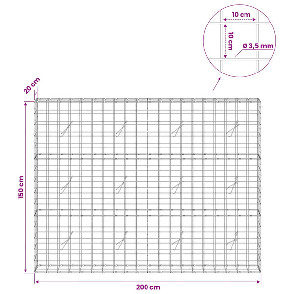 Gabion 3,5 mm langasta ja 10x10 cm verkosta 200x20x150 cm