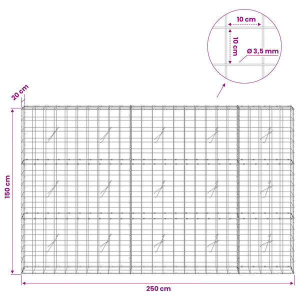 Gabion 3,5 mm langasta ja 10x10 cm verkosta 250x20x150 cm