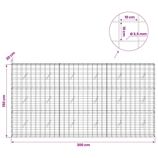 Gabion 3,5 mm langasta ja 10x10 cm verkosta 300x20x150 cm
