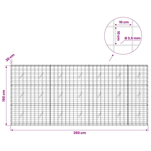 Gabion 3,5 mm langasta ja 10x10 cm verkosta 350x20x150 cm