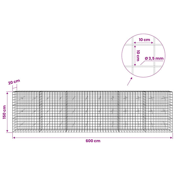 Gabion 3,5 mm langasta ja 10x10 cm verkosta 600x20x150 cm