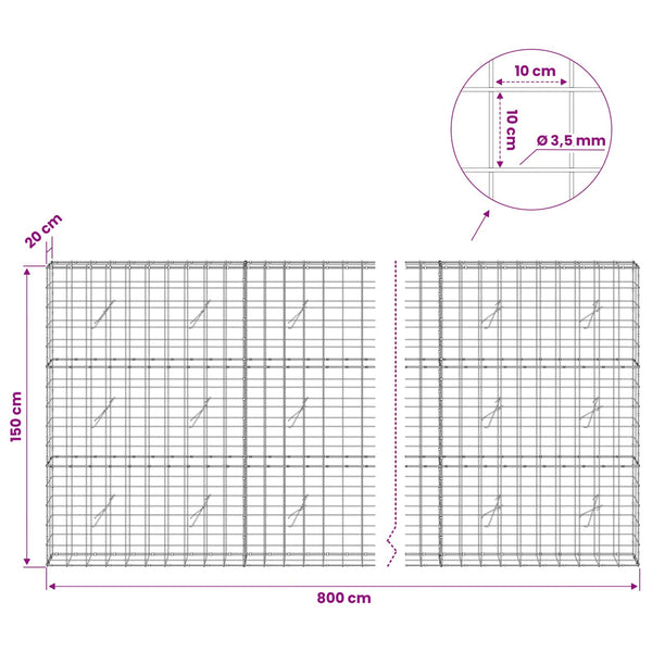 Gabion 3,5 mm langasta ja 10x10 cm verkosta 800x20x150 cm