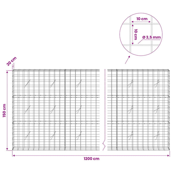 Gabion 3,5 mm langasta ja 10x10 cm verkosta 1200x20x150 cm