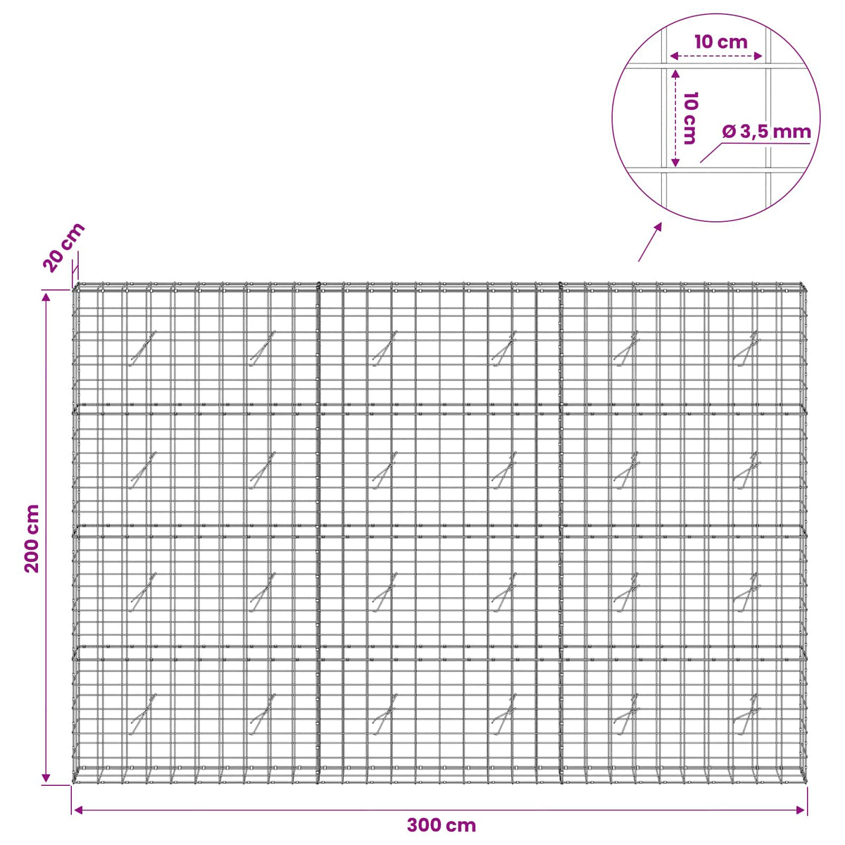 Gabion 3,5 mm langasta ja 10x10 cm verkosta 300x20x200 cm