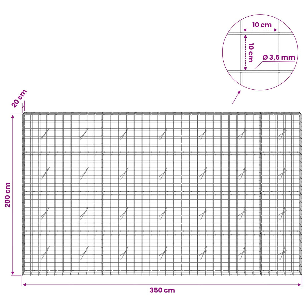 Gabion 3,5 mm langasta ja 10x10 cm verkosta 350x20x200 cm