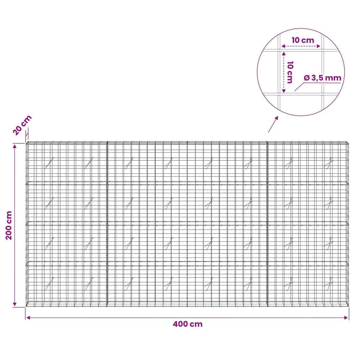 Gabion 3,5 mm langasta ja 10x10 cm verkosta 400x20x200 cm