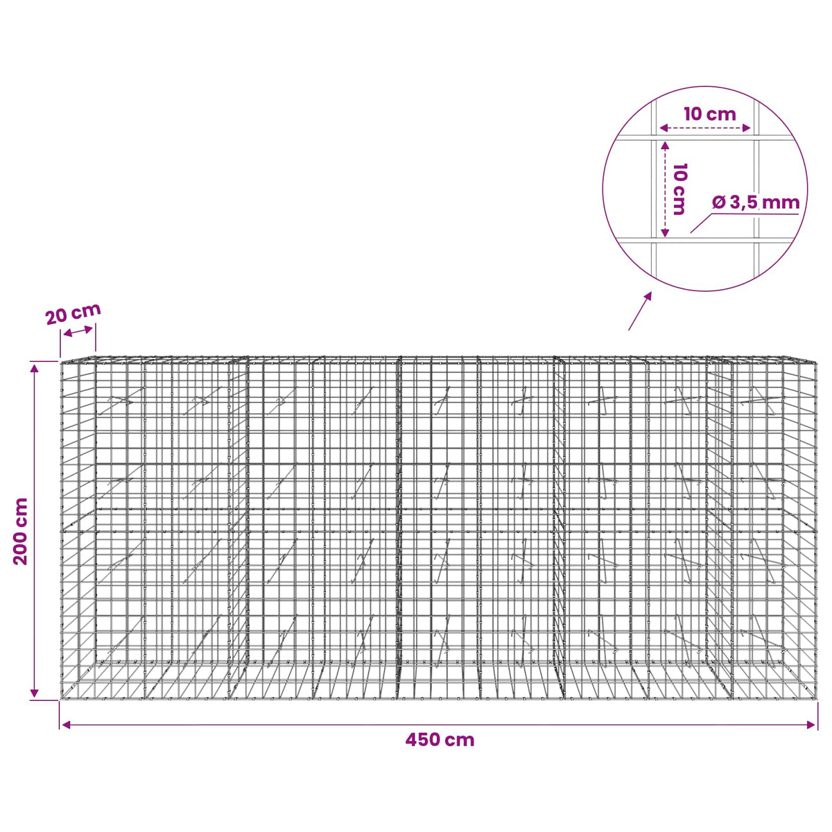 Gabion 3,5 mm langasta ja 10x10 cm verkosta 450x20x200 cm