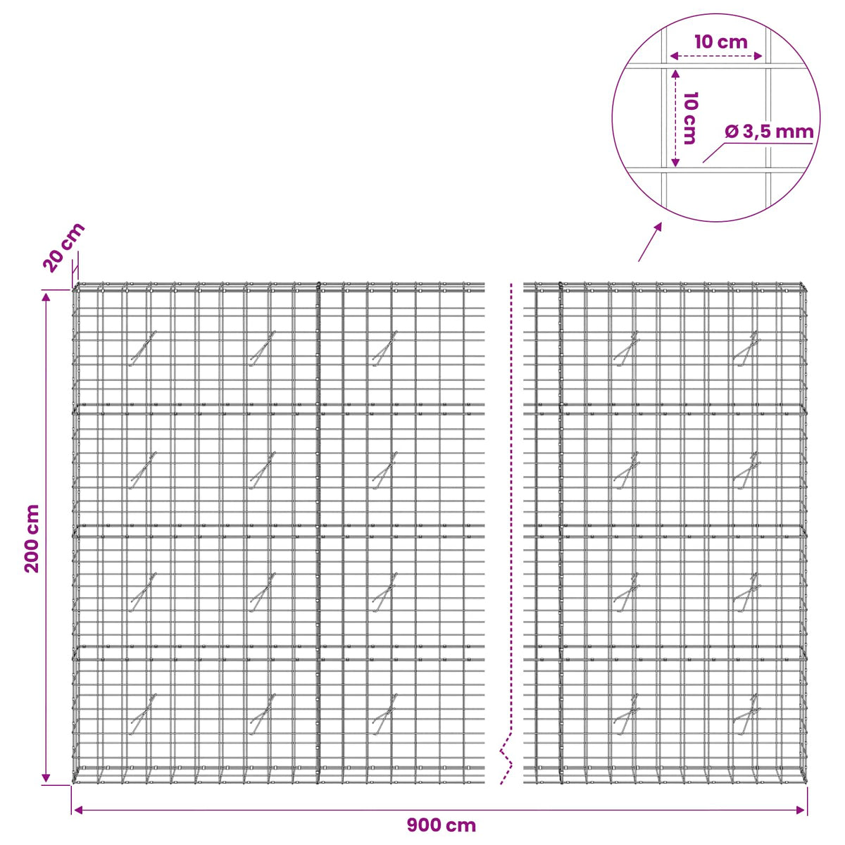Gabion 3,5 mm langasta ja 10x10 cm verkosta 900x20x200 cm